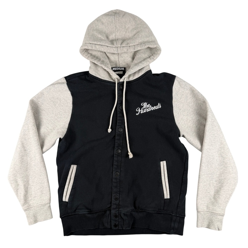 The Hundreds Hoodie Mens M Black Grey Snap Front Varsity Style Jacket Script